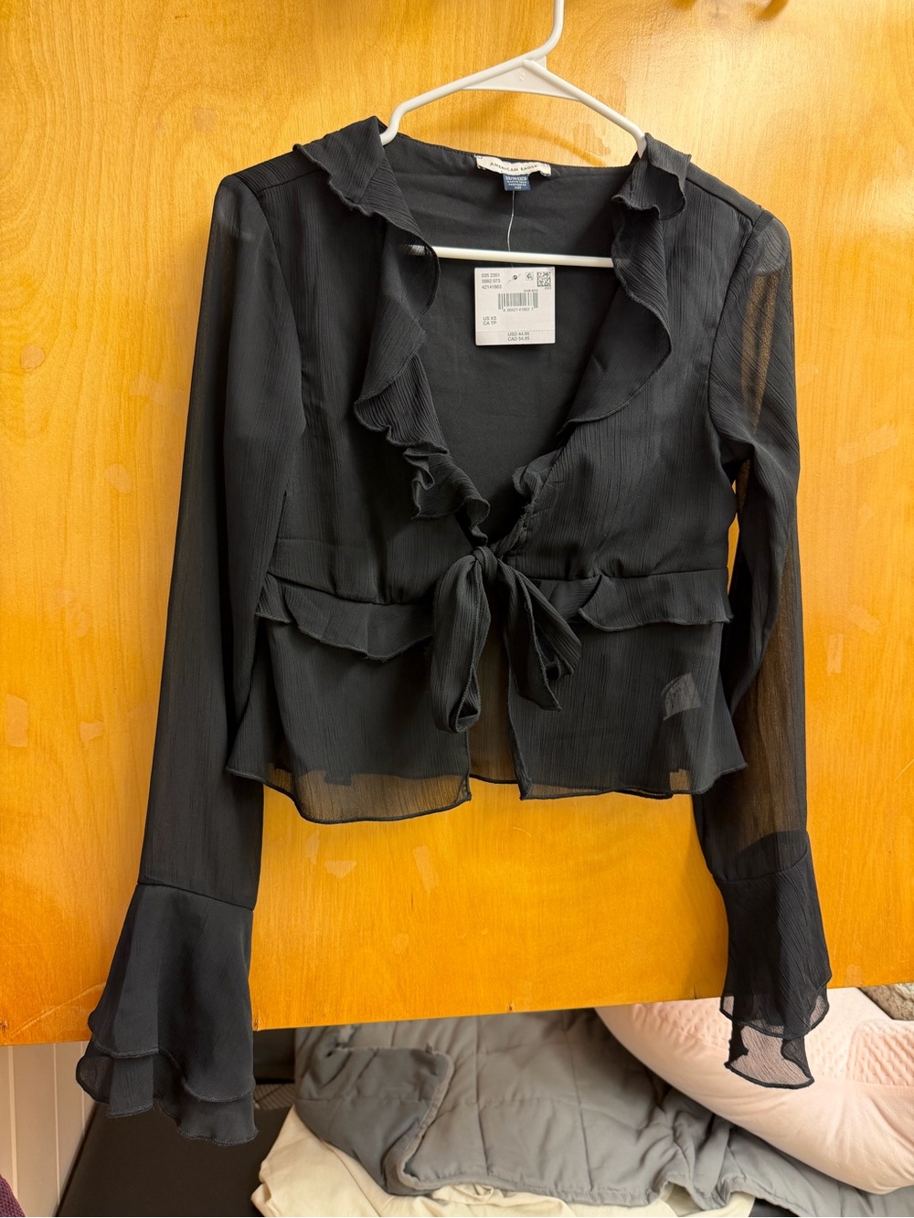 American Eagle Outfitters Black Ruffle Tie-Front Sheer Blouse with Bell Sleeves